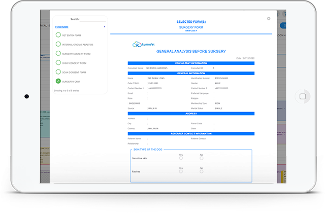 kumoVet Electronic Form Interface